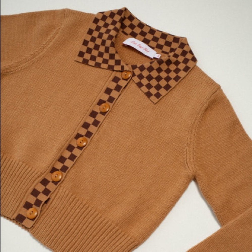 SOLD- Lisa Says Gah Battenberg checkered cardigan - Picture 4 of 5